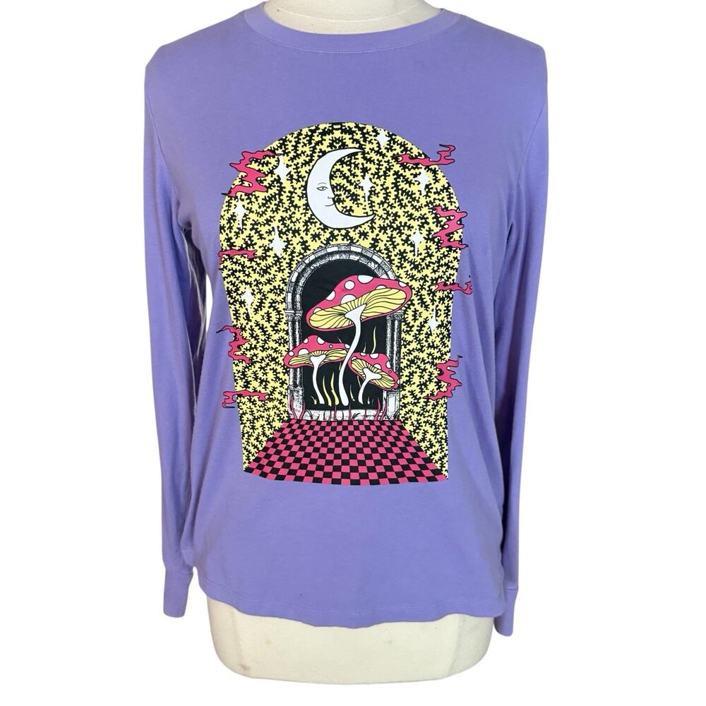 Rare‎ A Lab T Shirt Top Sz M Graphic Trippy Mushroom Logo Long Sleeves Purple